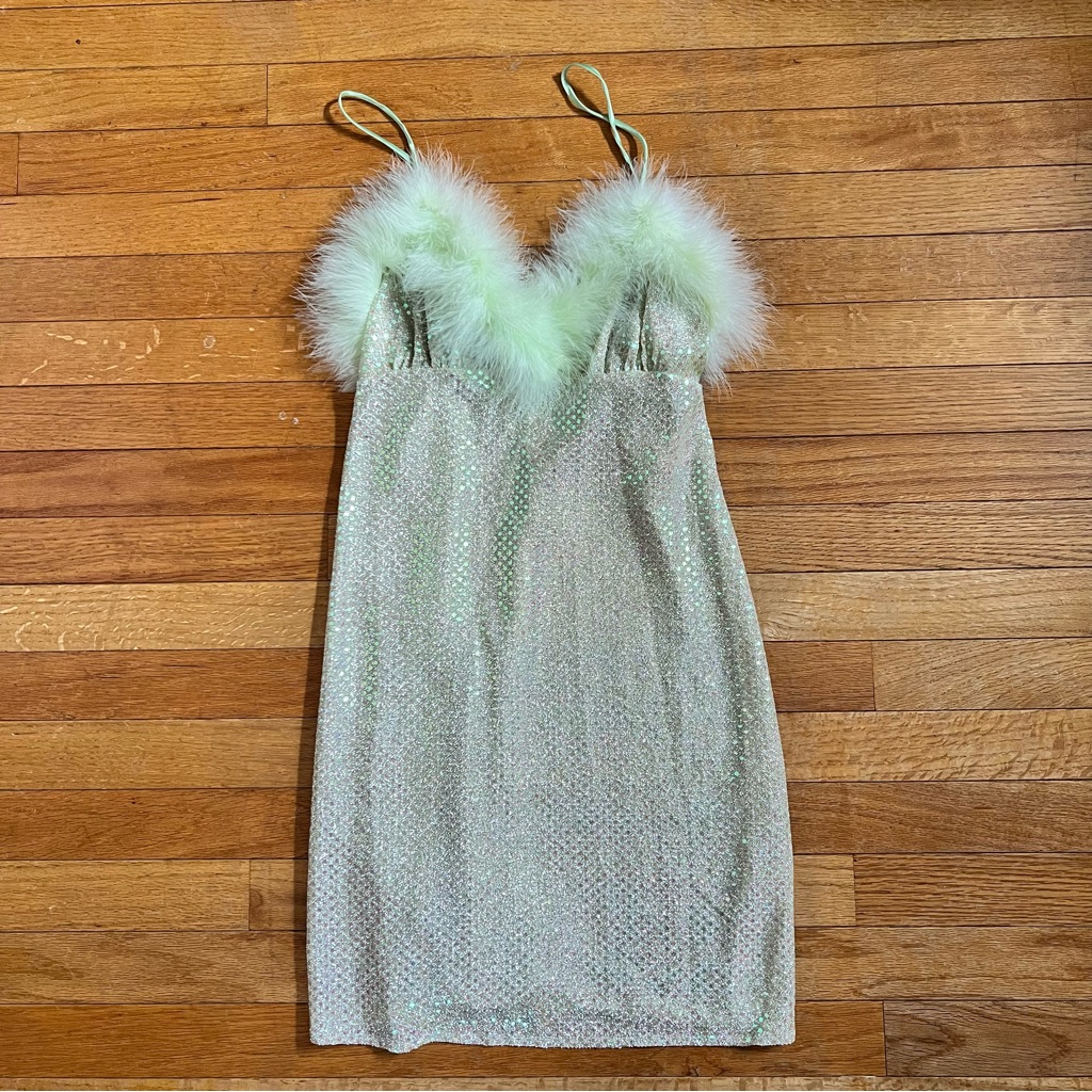 Vtg Fantasy Lingerie Green Sequin Fembot Slip Dress